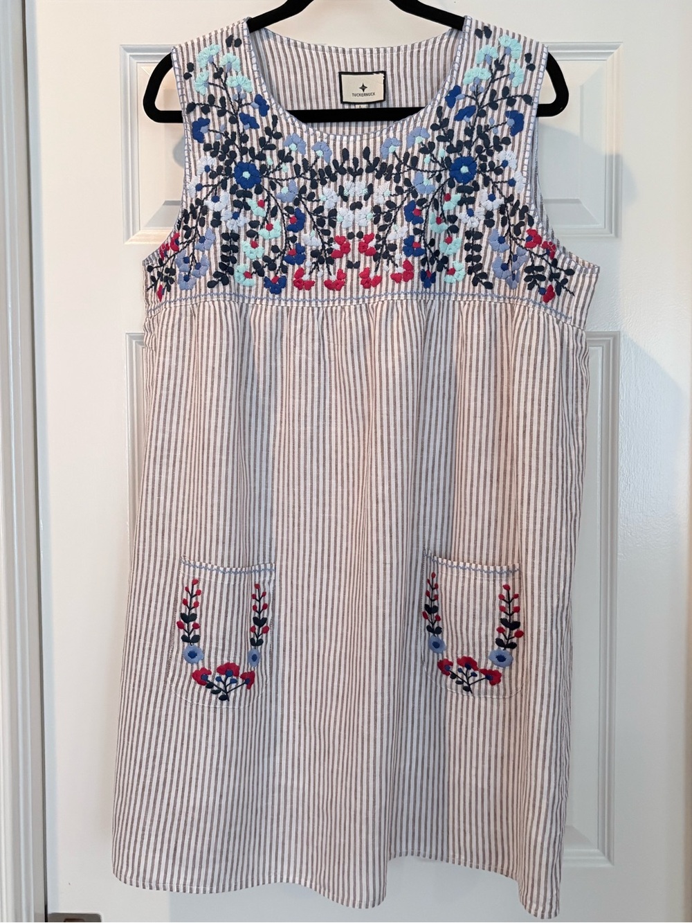 Tuckernuck Tan Stripe Embroidered Linen Sunny Mini Dress